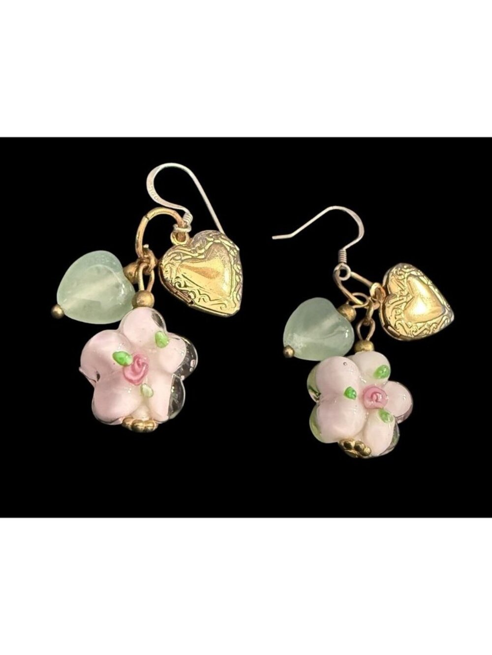 Vintage Heart Locket Drop Earrings 925 French Wire Lampwork Glass Floral Charm